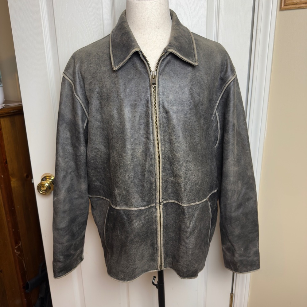 Bob Timberlake Men's XL Distressed‎ Gray Leather Jacket Lined Full Zip